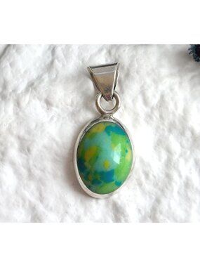 Calsilica Green & Blue Stone Taxco, Mexican Sterling Silver 925 Vintage Pendant
